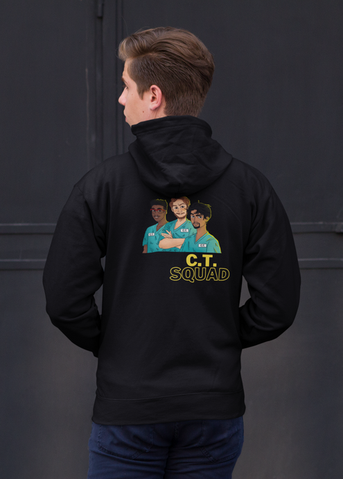 Back view of a man wearing a hoodie with a C.T squad design