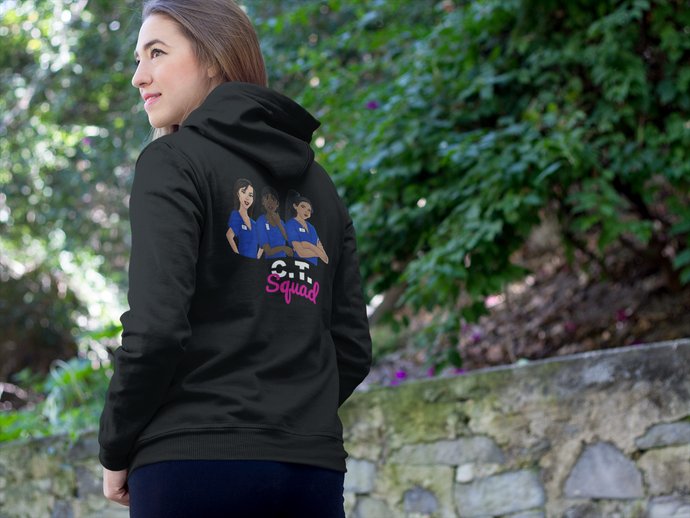 The back view of a woman wearing a hoodie with a C.T squad design