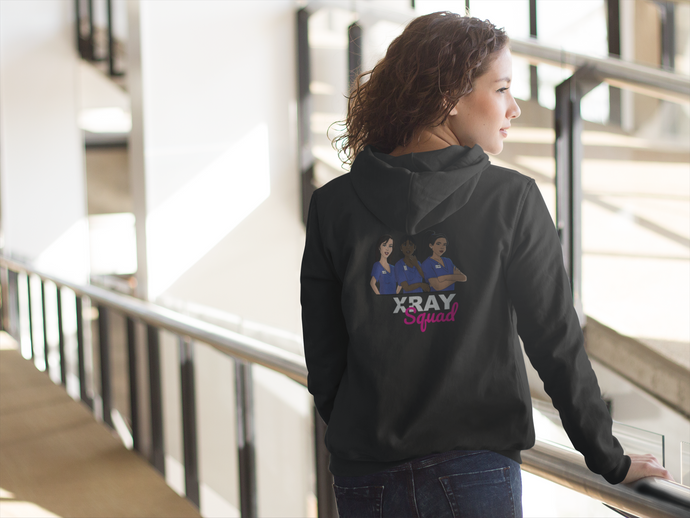 Back view of a woman wearing a zip up hoodie with a X-ray squad design.