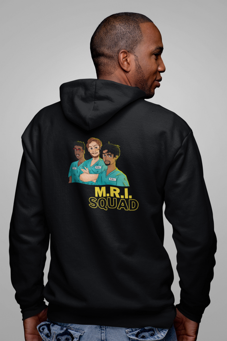 Back view of a man wearing a hoodie with a M.R.I squad design