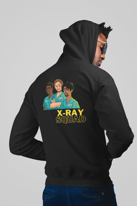 Back view of a man wearing a zip up hoodie with a x-ray squad design.