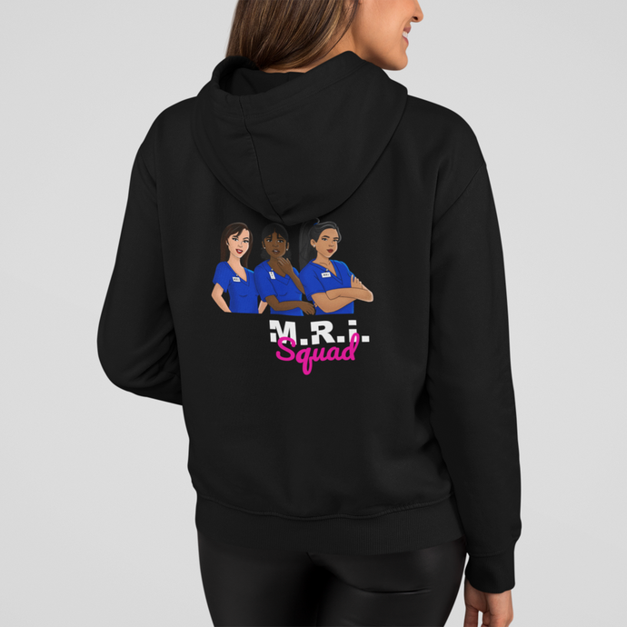 Back view of a woman wearing a hoodie with a M.R.I squad design