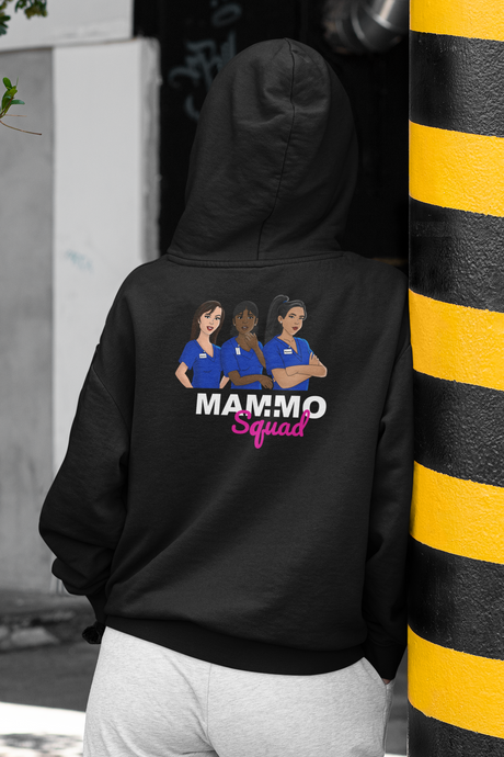 Back view of a woman wearing a zip up hoddie with a mammo squad design